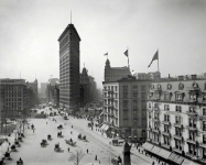 Circa  Flatiron Building New York Looking south down Broadway at this seminal skyscraper with Fifth Avenue to the right